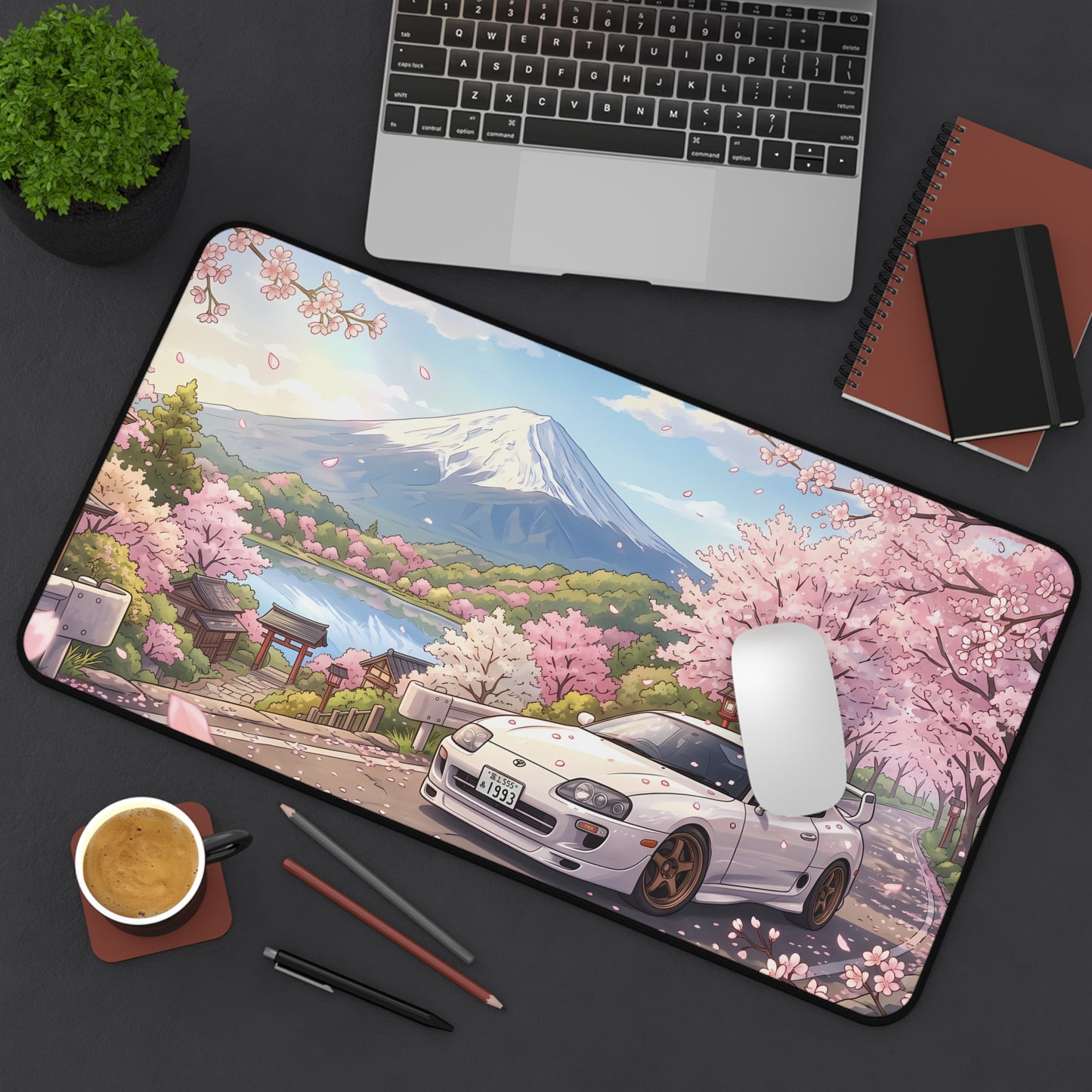 Sakura Cherry Blossom Skyline Toyota JDM Supra Desk Mat — Japanese Sports Car & Mount Fuji Scenic Mouse Pad