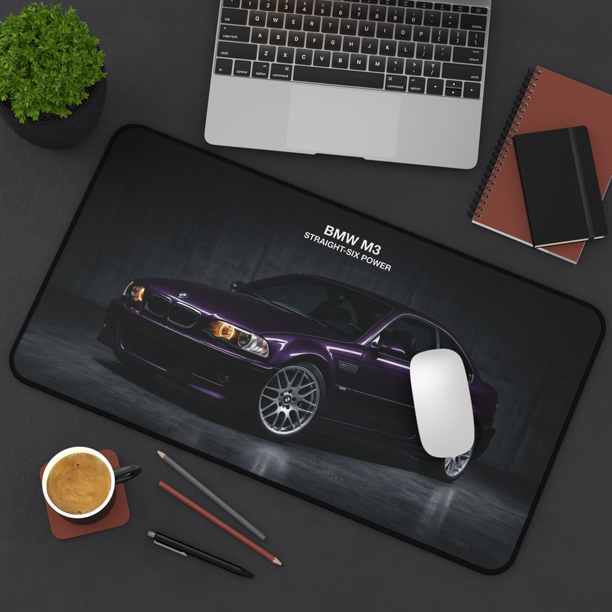 BMW M3 Desk Mat – Purple E46 Car Mouse Pad, 'Straight-Six Power' Automotive Desk Accessory