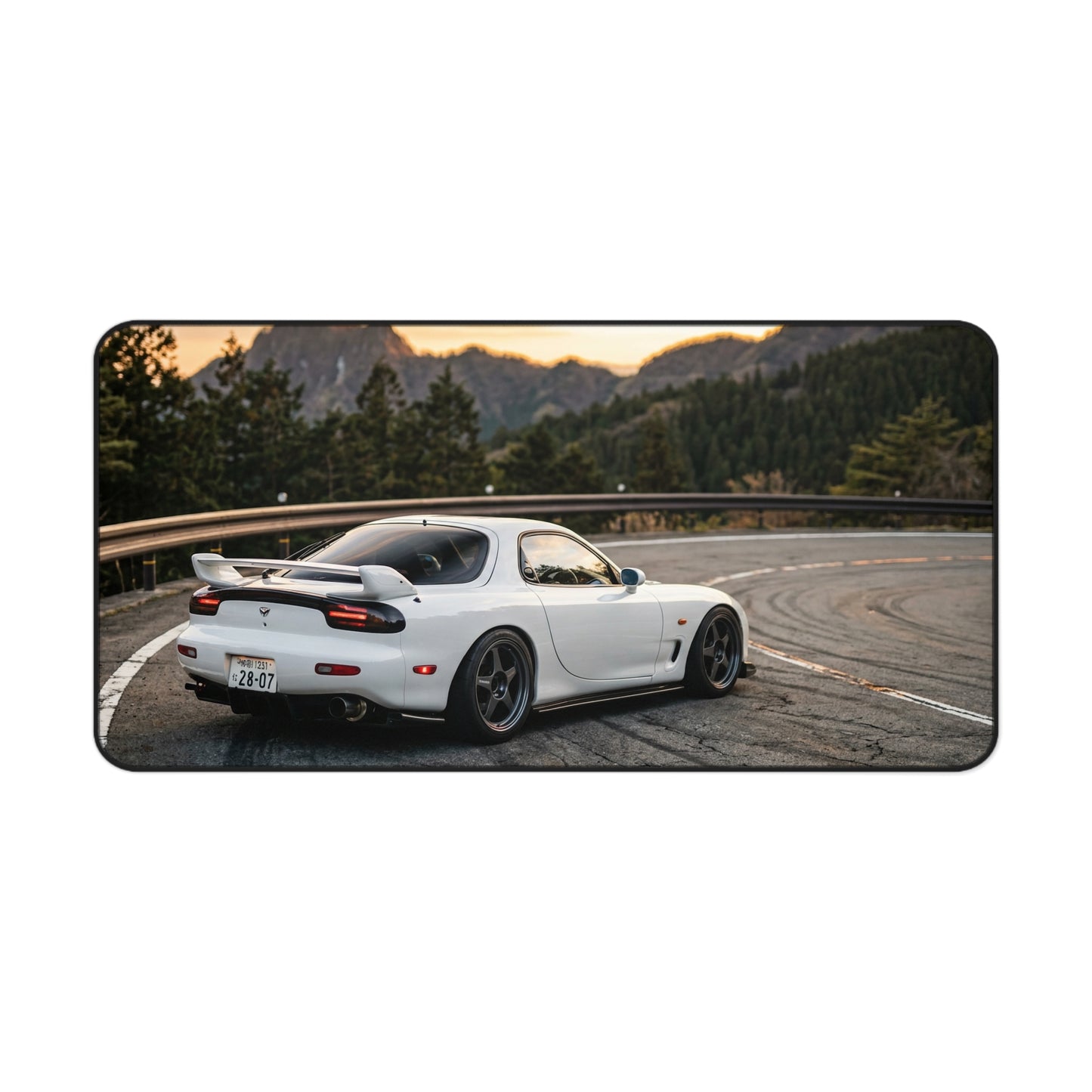 Classic JDM White Sports Car Desk Mat — Scenic Mountain Drive Gaming Mousepad