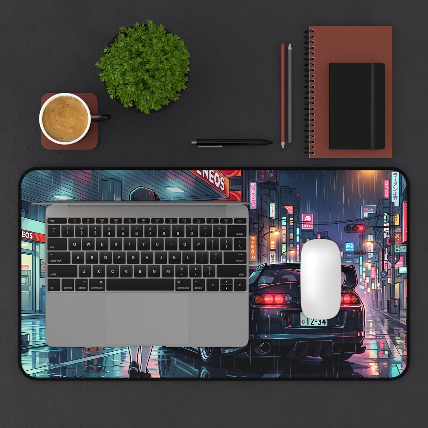 Neon Rain Tokyo City Toyota Supra MK4 Desk Mat — Anime Night Street JDM Racing Mousepad