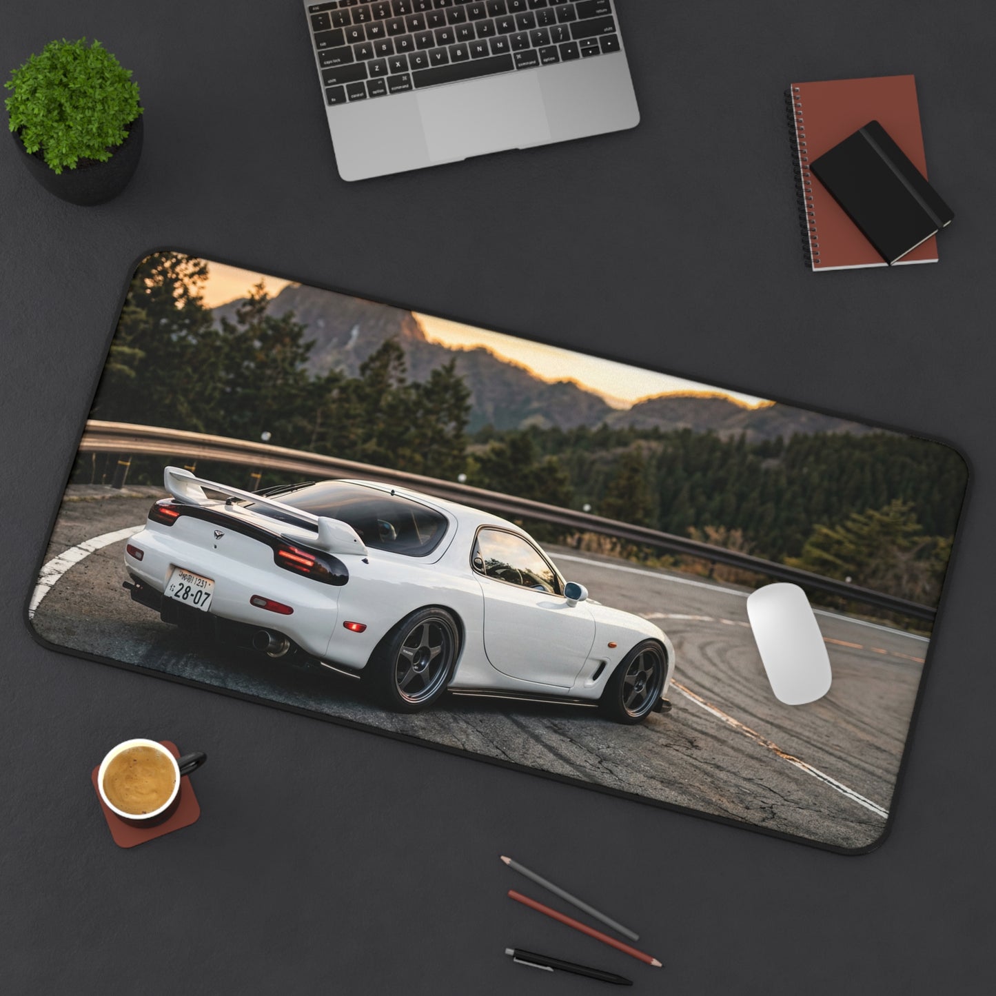 Classic JDM White Sports Car Desk Mat — Scenic Mountain Drive Gaming Mousepad