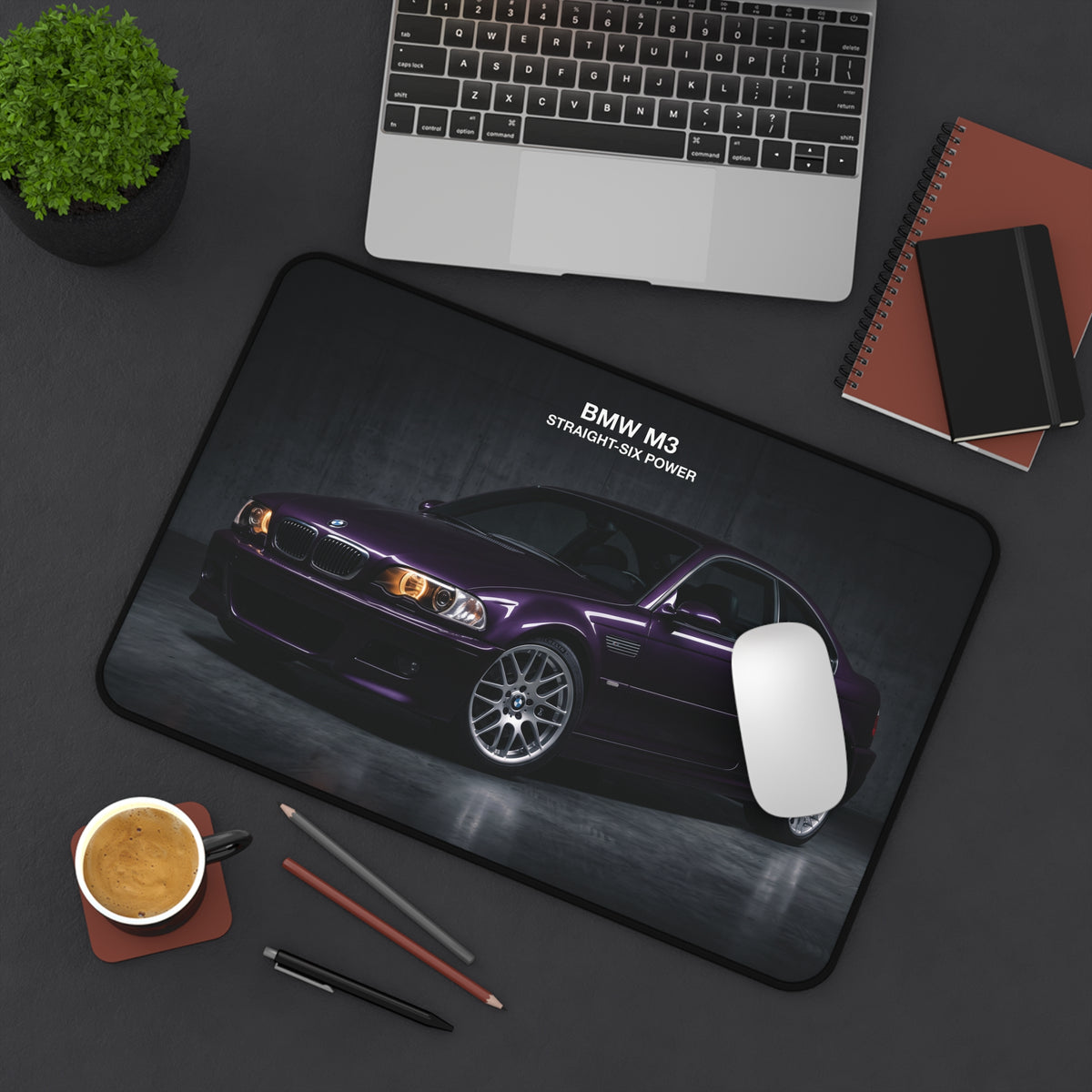 BMW M3 Desk Mat – Purple E46 Car Mouse Pad, 'Straight-Six Power' Automotive Desk Accessory