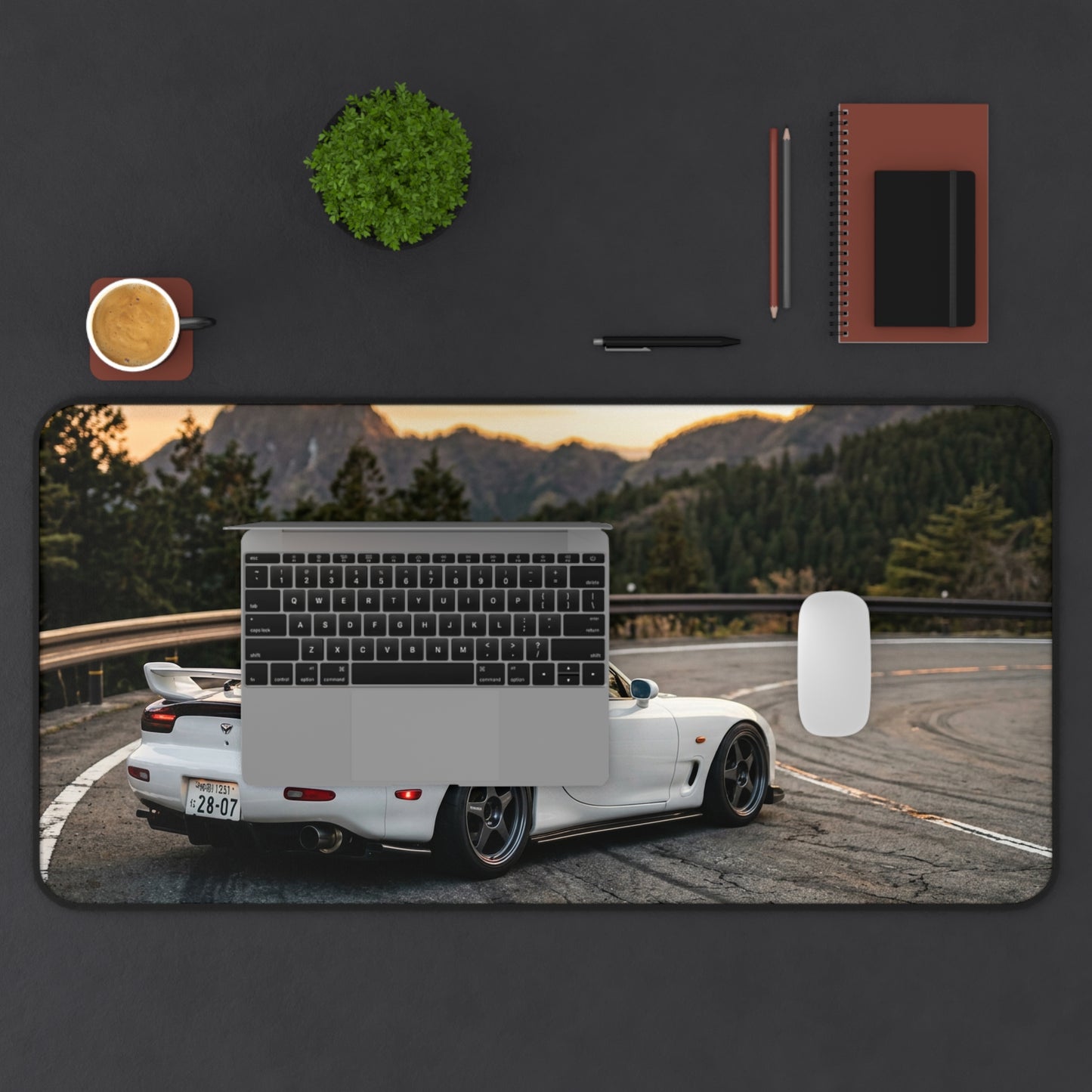 Classic JDM White Sports Car Desk Mat — Scenic Mountain Drive Gaming Mousepad