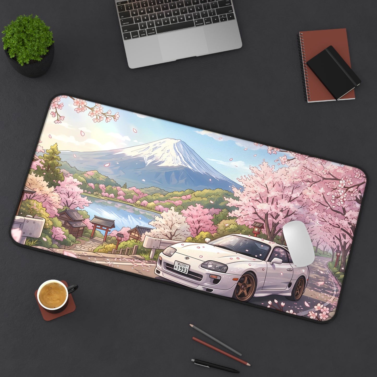 Sakura Cherry Blossom Skyline Toyota JDM Supra Desk Mat — Japanese Sports Car & Mount Fuji Scenic Mouse Pad