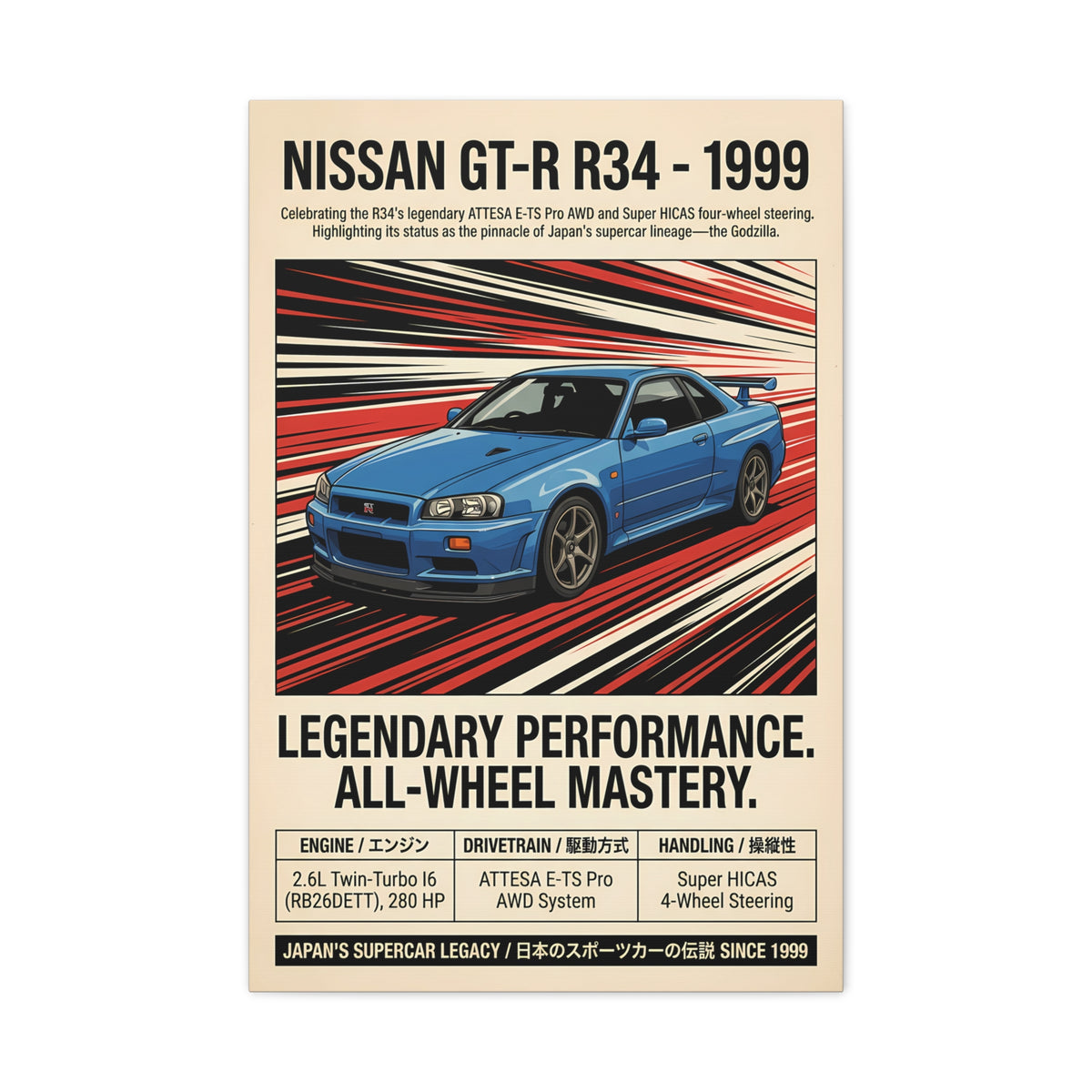 1999 Nissan GT-R R34 Vintage JDM Matte Canvas Wall Art