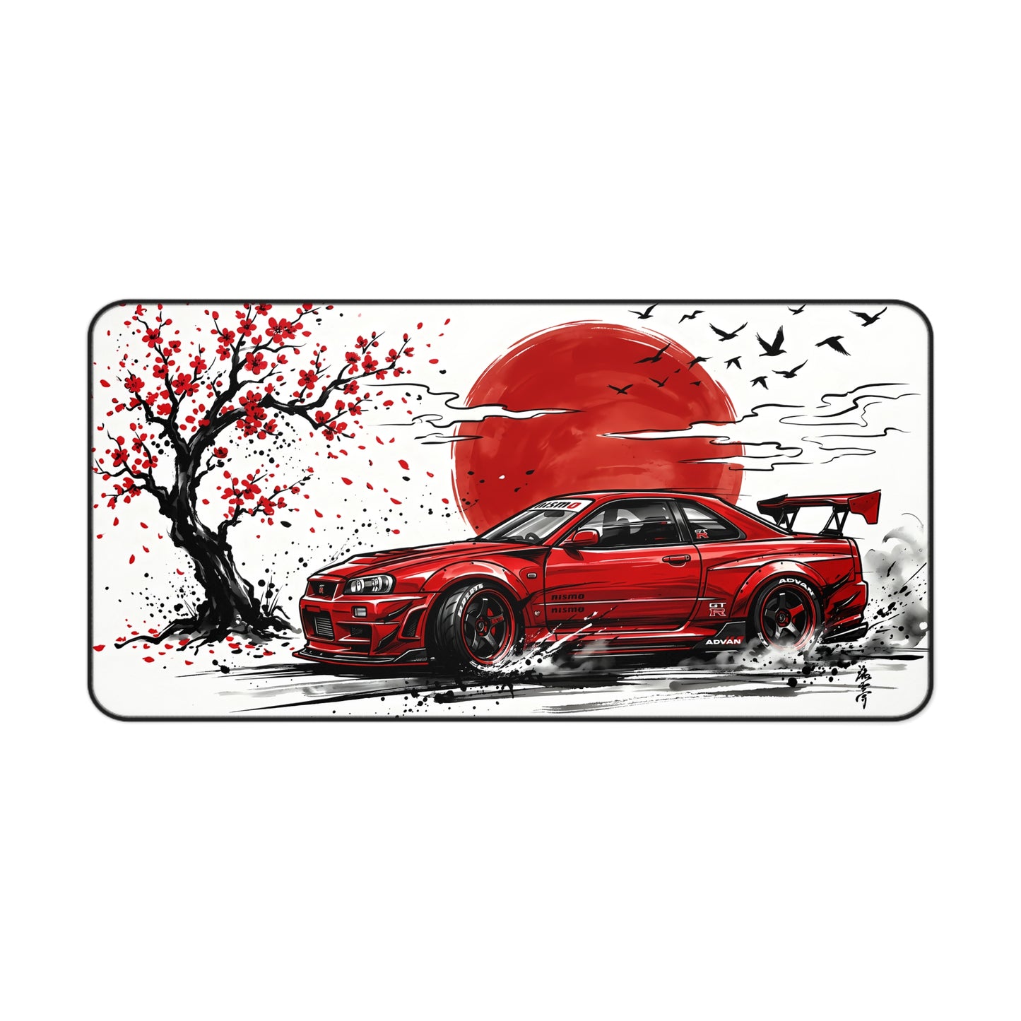Japanese-style Ink Wash Painting Red Skyline Desk Mat — Japanese Cherry Blossom Racing Car GTR JDM Mouse Pad