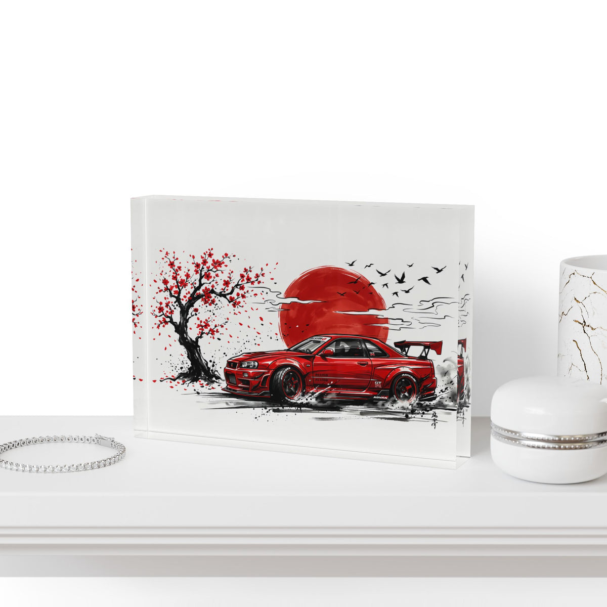 Red GT-R R34 Drift Skyline Photo Block – JDM Art Acrylic Block