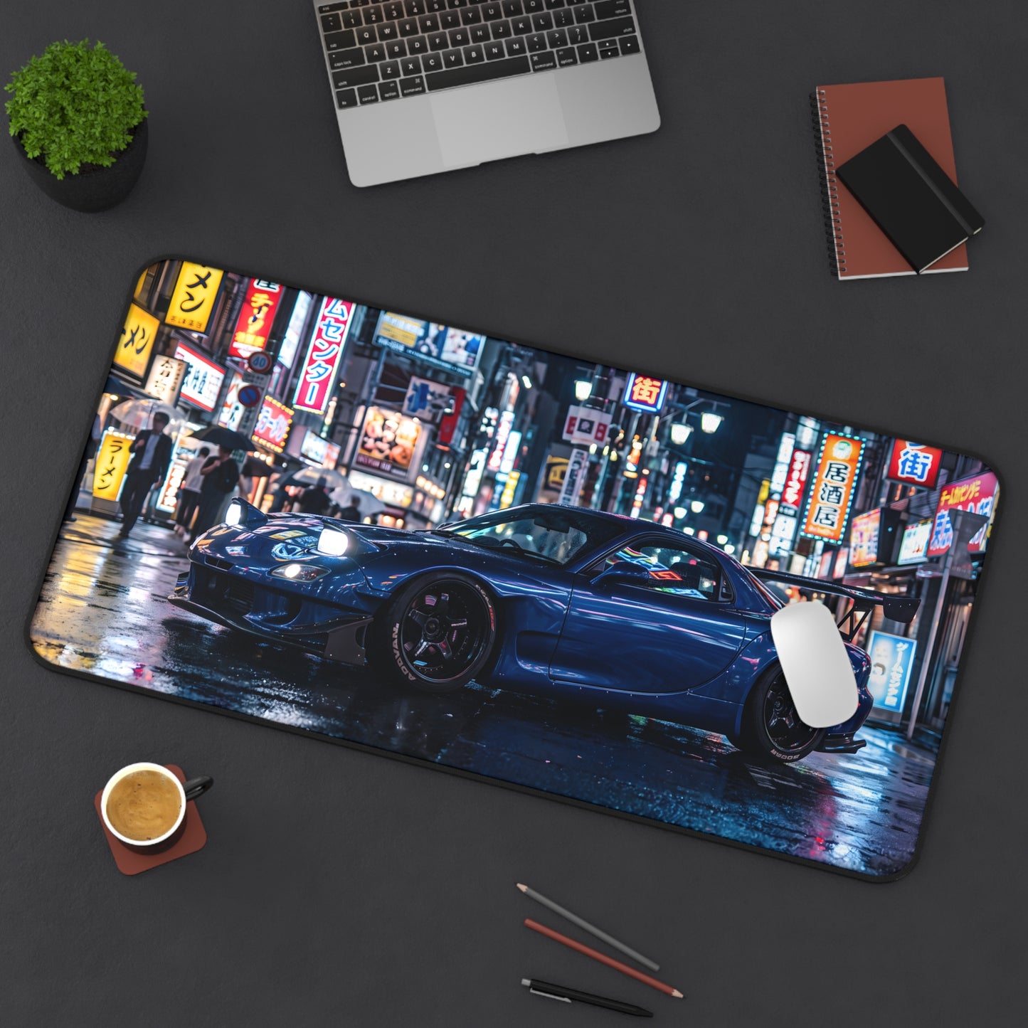 Urban Night Racing Desk Mat — Blue JDM Sports Car in Neon Cityscape