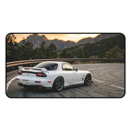 Classic JDM White Sports Car Desk Mat — Scenic Mountain Drive Gaming Mousepad
