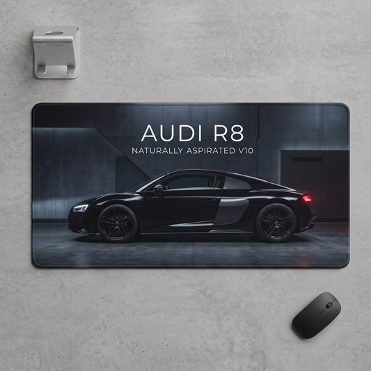 Audi R8 V10 gaming desk mat on dark wooden desk setup with RGB keyboard